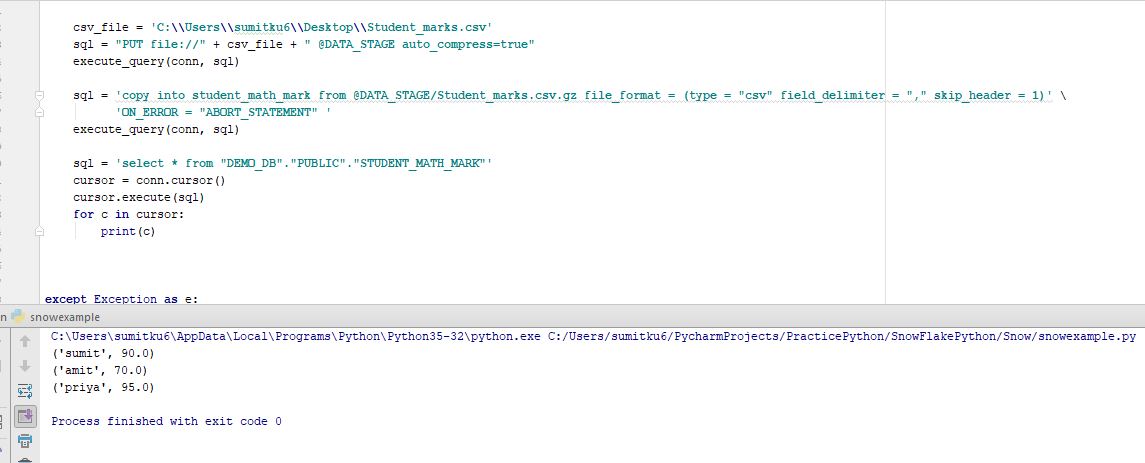 python code to Load csv file into SnowFlake table