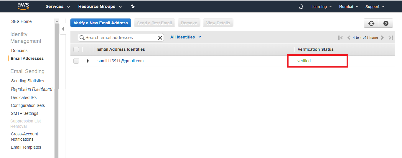 verifing your email ID via SES